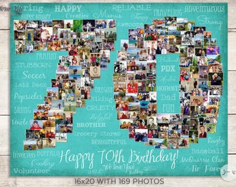 May include: A rectangular photo collage print on a teal background shaped like the number 70, featuring 169 small photographs. The text reads Happy 70th Birthday, 16x20 with 169 photos, and various descriptive words like Caring, Happy, Reliable, and Adventurous.