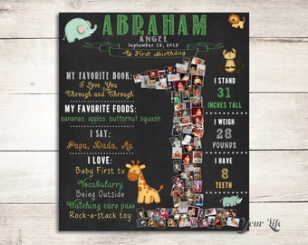 ZOO Animals Birthday Photo Collage, First Year Photo Collage, 1st Birthday Chalkboard, Baby First Year Poster, Zoo Animals Party Decor