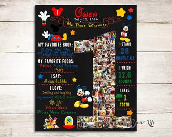 Letrero de cumpleaños de Mickey Mouse, collage de fotos de un año, decoración de Mickey para el primer cumpleaños, letrero para el primer cumpleaños del bebé, decoración para fiesta de Mickey Mouse