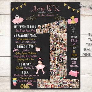 Tutus, Tiaras, Teetassen, Ballerina-Geburtstags-Fotocollage, rosa und goldenes Geburtstagsposter, Zahlenfotocollage, Tiara-Geburtstagsdeko