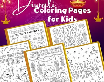 May include: A collection of Diwali coloring pages for kids. The pages feature line drawings of traditional Diwali elements, including lamps, rangoli patterns, and festive scenes with text like "Happy Diwali" and "The Festival of Lights!"