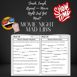 May include: A Movie Night Mad Libs game with the text "Snack, Laugh, Repeat - Movie Night Just Got Mad!" and "Show Time" in red. Includes a popcorn bucket, 3D glasses, and fill-in-the-blank story templates.