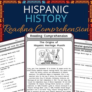 May include: A reading comprehension worksheet titled "Hispanic History" with the text "Reading Comprehension" at the top. The worksheet includes questions about Hispanic Heritage Month, with a graphic of a boy, a map, and a guitar.