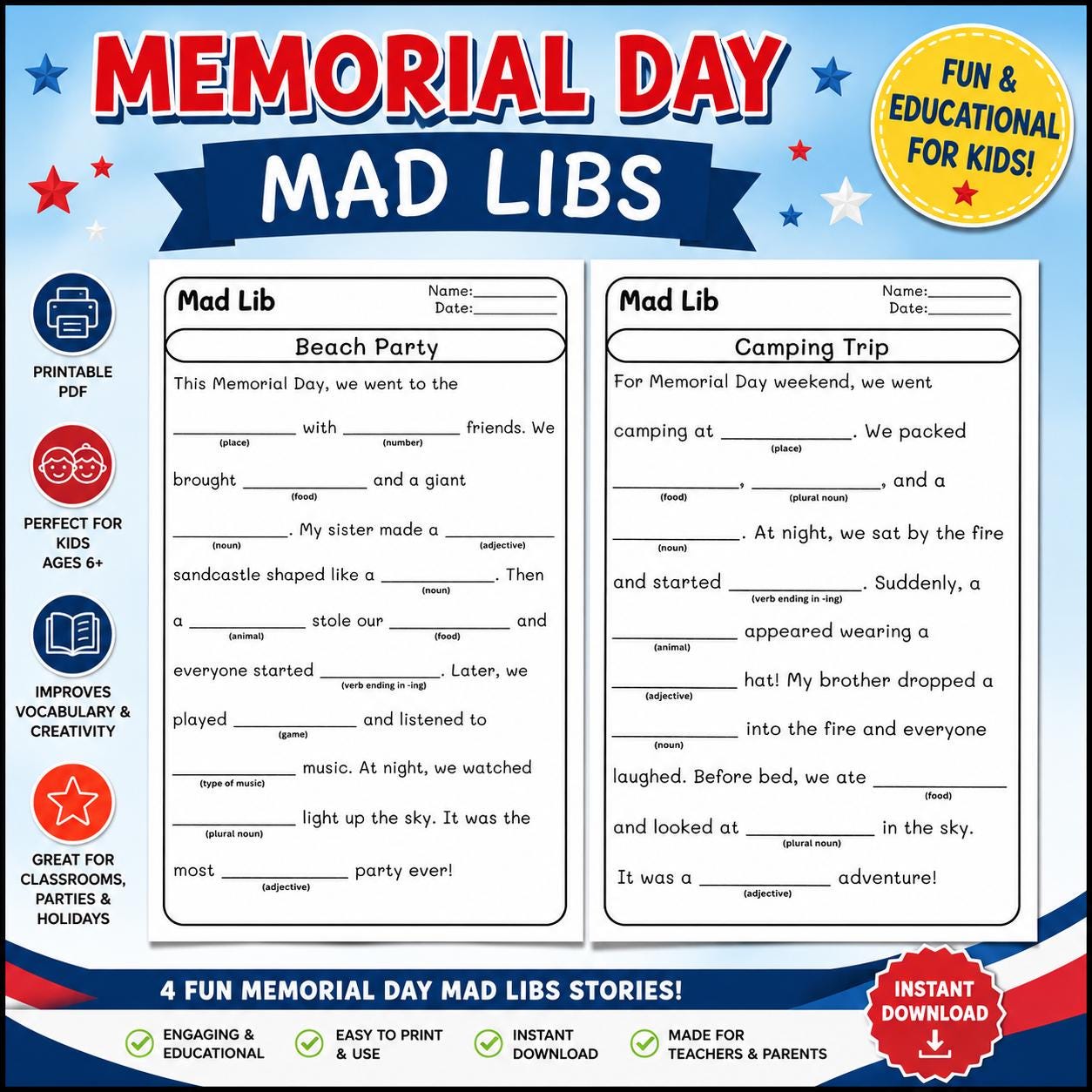 Memorial Day Mad Libs for Kids | Fun Printable Worksheets | No Prep ...
