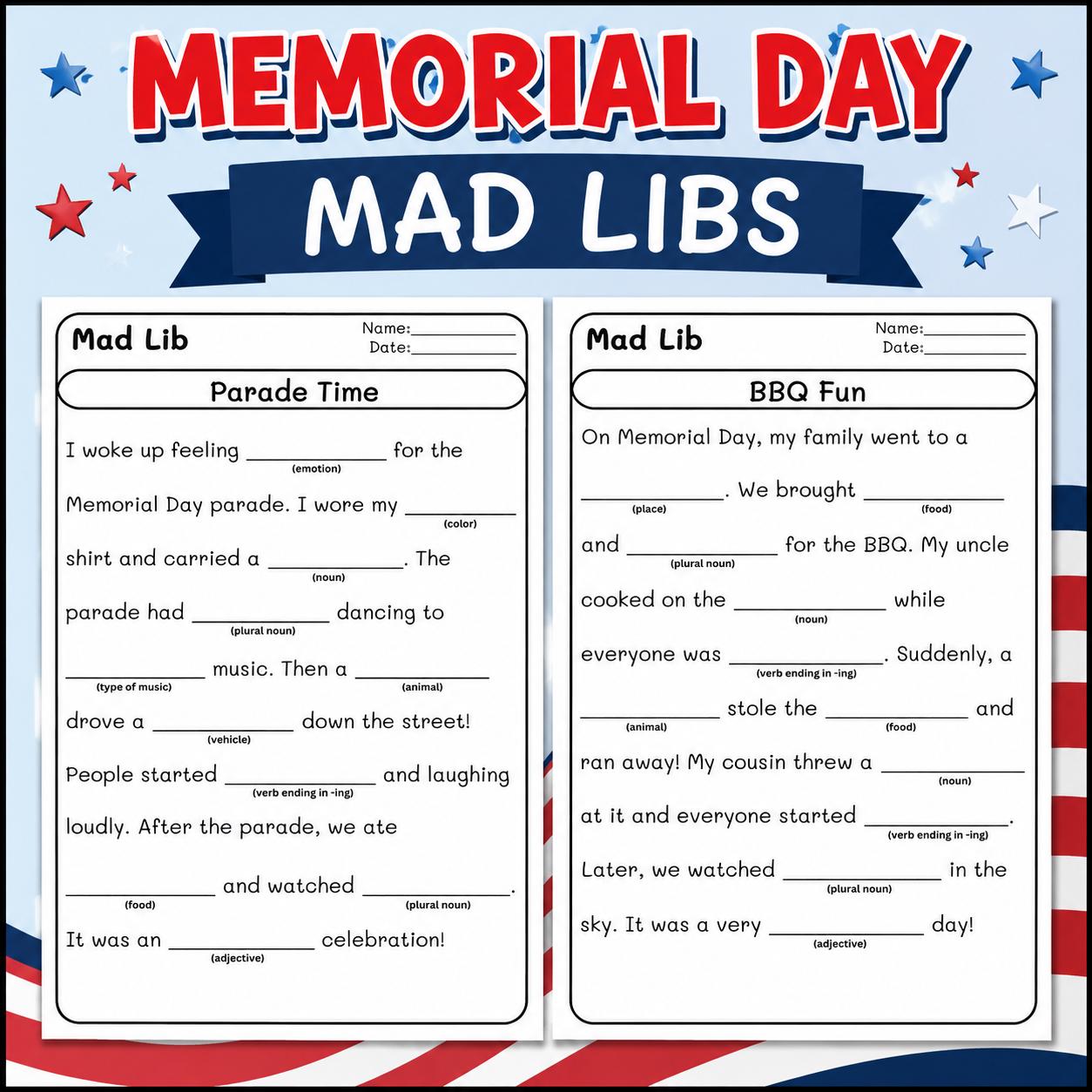 Memorial Day Mad Libs for Kids | Fun Printable Worksheets | No Prep ...