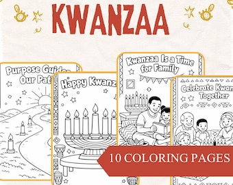 May include: A collection of Kwanzaa-themed coloring pages. The cover features the text "HAPPY KWANZAA" in red. The coloring pages include images of candles, family gatherings, and the text "10 COLORING PAGES".