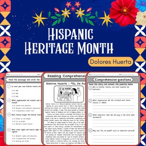 May include: A colorful educational poster for Hispanic Heritage Month featuring the text "Hispanic Heritage Month" and "Dolores Huerta." The poster includes reading comprehension questions and a biography of Dolores Huerta.