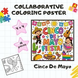 Op de afbeelding: Een collaboratieve kleurposter met de tekst "Cinco De Mayo Fiesta!". Het bevat cartoonillustraties van een mariachi, een vrouw in een kleurrijke jurk, een gitaar en feestelijke versieringen. Inclusief stervormige puzzelstukjes en een kleurplaat.