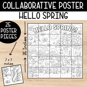 Könnte beinhalten: Schwarz-weißes kollaboratives Poster mit dem Text "COLLABORATIVE POSTER HELLO SPRING". Das Poster ist 89 cm hoch und 19,6 cm breit. Das Bild zeigt eine Frühlingsszene mit Sonne, Schmetterlingen und gärtnernden Kindern.