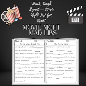 May include: A Movie Night Mad Libs game with a movie theme. The image includes a popcorn bucket, soda cups, 3D glasses, and a film reel. The text says "Snack, Laugh, Repeat - Movie Night Just Got Mad!"