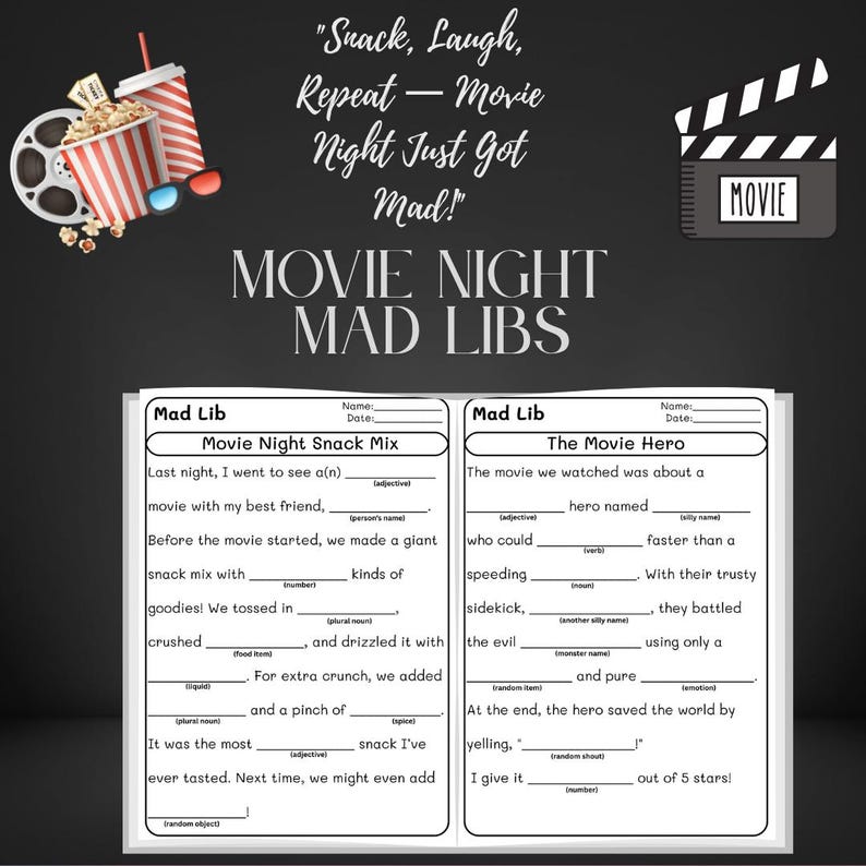 May include: A Movie Night Mad Libs game with a movie theme. The image includes a popcorn bucket, soda cups, 3D glasses, and a film reel. The text says "Snack, Laugh, Repeat - Movie Night Just Got Mad!"