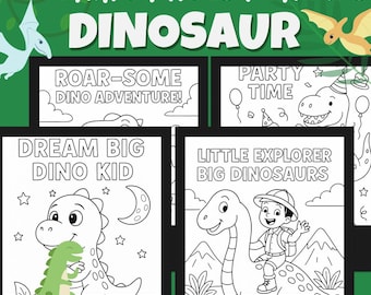 May include: A set of dinosaur-themed colouring pages for children. The pages display various dinosaur illustrations with phrases such as "Roar-Some Dino Adventure!" and "Dream Big Dino Kid." The design is playful and inviting, ideal for young artists.