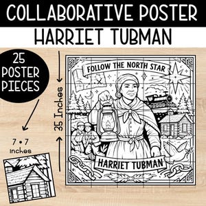Puede incluir: Póster colaborativo en blanco y negro con Harriet Tubman, con el texto "Follow the North Star". El póster mide 89 cm de alto y 19,6 cm de ancho, compuesto por 25 piezas. Incluye una ilustración de un tren, cabañas y una paloma.