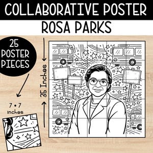 Op de afbeelding: Zwart-wit samenwerkingsposter met Rosa Parks, met 25 posterstukken. De poster is 89 cm hoog en 19,6 cm breed. De afbeelding bevat bussen, sterren en borden.