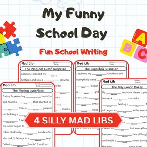 May include: A colorful educational worksheet set titled "My Funny School Day" with four Mad Libs stories. The worksheets have fill-in-the-blank prompts for fun school writing. Includes colorful puzzle pieces and alphabet blocks.