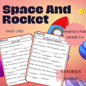 May include: A colorful educational Mad Libs activity book with the title "Space And Rocket." The cover features two fill-in-the-blank stories, a rocket illustration, and the text "Perfect for Grade 2-6." The book includes 4 stories.