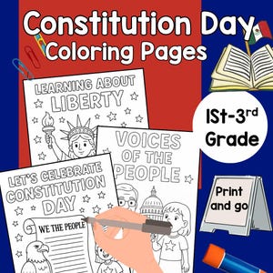 Pode incluir: Páginas para colorir do Dia da Constituição para alunos da 1ª a 3ª série. A imagem apresenta várias páginas para colorir em preto e branco com texto como "Learning About Liberty" e "Voices of the People". Uma mão é mostrada colorindo uma página que diz "We the People".
