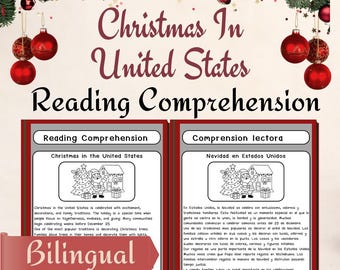 May include: A bilingual reading comprehension worksheet titled "Christmas in United States" with text and illustrations about Christmas traditions. The worksheet includes a section in English and Spanish.