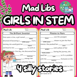 May include: A pink and white Mad Libs activity sheet titled "Girls in STEM" with fill-in-the-blank stories. Includes illustrations of a girl in a lab coat and a computer with science graphics.