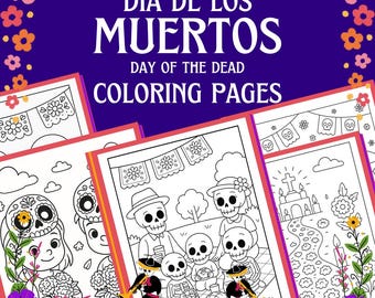 May include: A stack of Day of the Dead coloring pages with illustrations of skeletons, flowers, and festive decorations. The pages are surrounded by a purple border with the text "DIA DE LOS MUERTOS DAY OF THE DEAD COLORING PAGES".