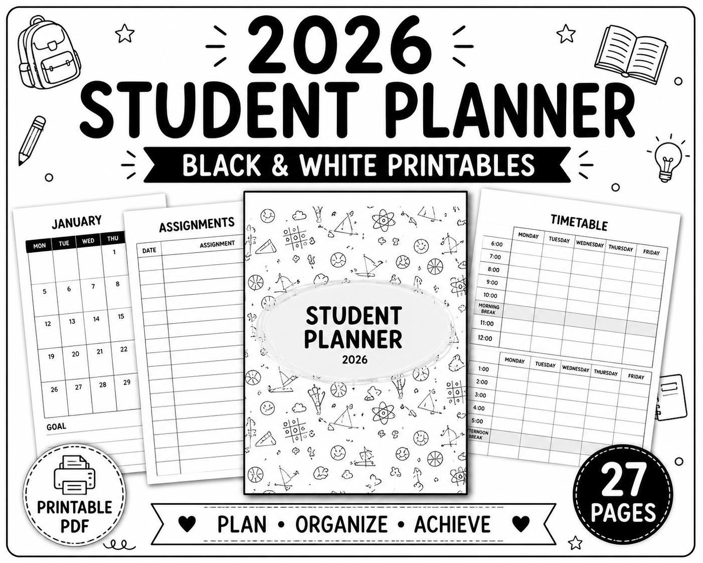 2026 Student Planner Printable PDF Academic Planner Assignment Tracker