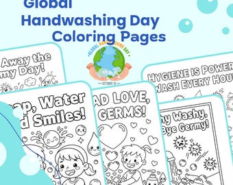 Pode incluir: Um gráfico azul claro com o texto "Global Handwashing Day Coloring Pages". Várias páginas para colorir são exibidas, cada uma com um tema diferente relacionado à lavagem das mãos. As páginas apresentam ilustrações de crianças lavando as mãos e texto relacionado.