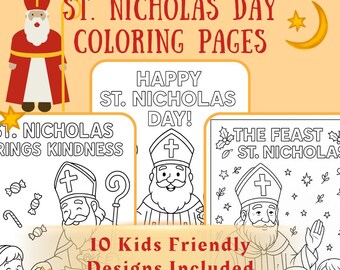 May include: A promotional image for St. Nicholas Day coloring pages. The image features illustrations of St. Nicholas, along with text that reads "Kids Love These! St. Nicholas Day Coloring Pages." The image also includes the text "10 Kids Friendly Designs Included."