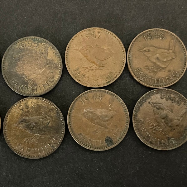 Farthing English COINS lot 8 pieces 1943 - 1955 United Kingdom wren bird