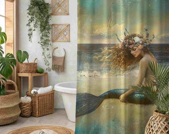 Meerjungfrau Muscheln Duschvorhang | Ocean Fantasy Badezimmer Dekor