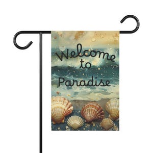 Seashell Beach Welcome Garden Flag | House Banner, Coastal Ocean Waves