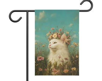 White Cat Garden Flag | Flower Crown Spring Yard Flag