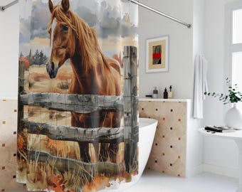 Tenda da doccia equestre, decorazione a forma di cavallo per il bagno, atmosfera rustica da fattoria, decorazione a forma di cavallo, Quarterhorse 71x74