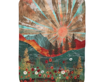 Boho Berglandschaft Sherpa Fleece Decke - Retro Sonne & Wildblumen