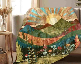 Sunrise Berglandschaft Sherpa Decke | Blumenwiese, rustikale Natur