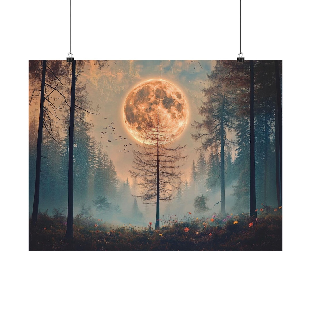 Full Moon Forest Satin Poster, Mystical Celestial Wall Art - Etsy
