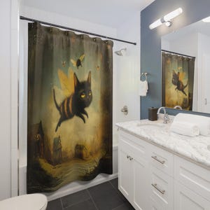 Whimsical Cat and Bee Shower Curtain, Fun Bathroom Decor, Gift for Cat Lovers, Unique Home Accessory, Fantasy Art