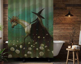 Douchegordijn heks en eenhoorn | Badkamerdecoratie fantasiebos (71 x 74 inch)