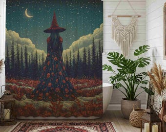 Cortina de ducha de bruja / Bosque iluminado por la luna, Noche estrellada 71x74