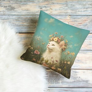 Floral Cat Pillow, Boho Home Decor, Pet Lover Gift, Cozy Cat Decor, White Cat-Themed Accessories