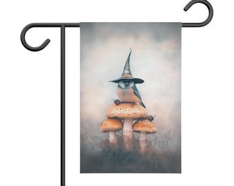 Chickadee Garden Banner | Bird on Mushroom Outdoor Flag