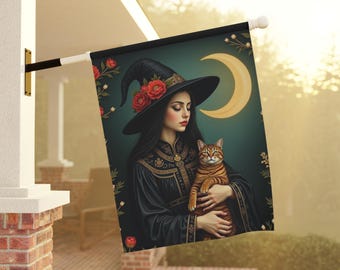 Witch and Cat Garden Flag, Cottagecore Fall Decor