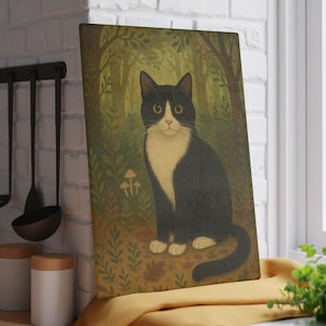Tabla de cortar de vidrio con diseño de gato Tuxedo / Decoración de cocina con un gato del bosque caprichoso