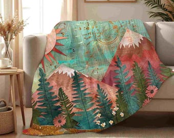 Skurrile Bergwiese Sherpa Fleece-Decke | Sonne, Pinien & Wildblumen