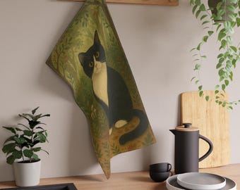 Black and White Tuxedo Cat Forest Illustration Tea Towel | Tuxedo Cat Kitchen Linen