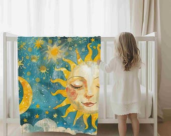 Himmlische Sonne und Mond Sherpa Decke | Boho Sternenhimmel werfen