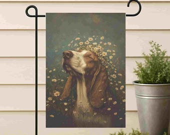 Basset Hound Garden Flag | Vintage Dog with Daisies Banner