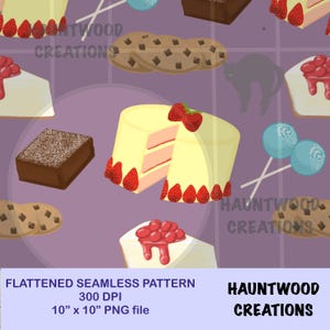 Pieczone desery Fioletowy cyfrowy bezszwowy wzór PNG Natychmiastowe pobieranie ciasto ciasteczka ciasto sernik brownie kuchnia gotowanie pieczenie sublimacja