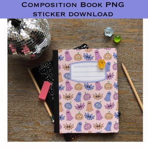 May include: A composition notebook with a pink cover featuring a Halloween-themed pattern of ghosts, bats, and pumpkins. The notebook is open, revealing a blank label. Pencils, an eraser, and decorative items are also present.