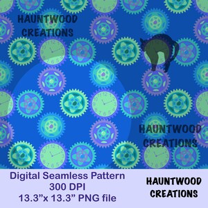 May include: A digital seamless pattern on a blue background featuring clock faces and gears in shades of green, purple, and blue. A black cat silhouette is also present. The text "HAUNTWOOD CREATIONS" appears multiple times.