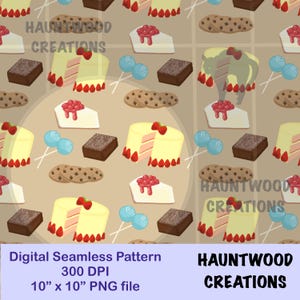 Pieczone desery Beżowy cyfrowy bezszwowy wzór PNG Natychmiastowe pobieranie ciasto ciasteczka ciasto sernik brownie kuchnia gotowanie pieczenie sublimacja